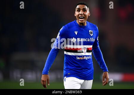 Gênes, Italie. 13 février 2023. Abdelhamid Sabiri de l'UC Sampdoria réagit au cours de la série Un match de football entre l'UC Sampdoria et le FC Internazionale. Credit: Nicolò Campo/Alay Live News Banque D'Images