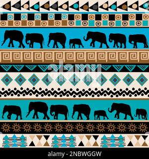 Modèle ethnique tribal avec silhouettes d'éléphants et symboles traditionnels Illustration de Vecteur