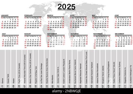 calendrier 2025 avec carte du monde et fuseaux horaires Illustration de Vecteur
