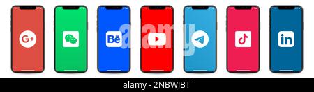 Ensemble d'iPhone avec logos de réseaux sociaux Illustration de Vecteur