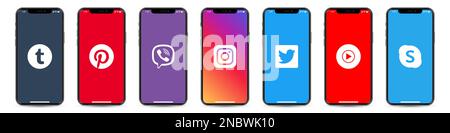 Ensemble d'iPhone avec logos de réseaux sociaux Illustration de Vecteur