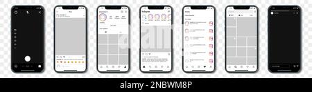 Ensemble d'iPhones bleus avec cadre de modèle Instagram pour les réseaux sociaux sur fond transparent Illustration de Vecteur