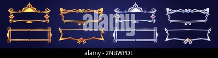 Cadres rectangulaires vides de style médiéval pour la conception d'une interface utilisateur de jeu. Ensemble de dessins animés vectoriels d'éléments d'interface utilisateur avec bordure dorée et argentée ornée, décor Illustration de Vecteur