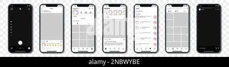 Ensemble d'iPhones bleus avec cadre de modèle Instagram pour les réseaux sociaux sur fond transparent Illustration de Vecteur