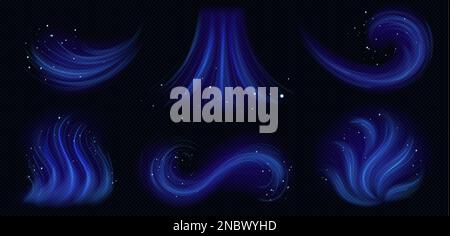 Effet de vent froid, flux d'air d'hiver isolés sur fond transparent. Des ruisseaux de fumée bleue, des vagues de brume et des tourbillons avec de la neige, des pistes de blizzard, vecteur re Illustration de Vecteur