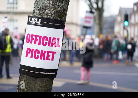 Université de Cardiff, pays de Galles. 14 février 2023. Un panneau de ligne de piquetage UCU attaché à un arbre à l'extérieur du bâtiment principal. Des universitaires et des cadres supérieurs des services professionnels tiennent un rassemblement de grève en faveur de la rémunération équitable à l'extérieur de l'Université de Cardiff, au pays de Galles. 14 février 2023. Crédit Penallta Photographics / Alamy Live Banque D'Images