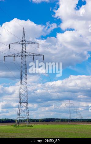 Distribution de l'énergie électrique au moyen de lignes électriques terrestres composées de tours de transmission et de lignes aériennes. Banque D'Images