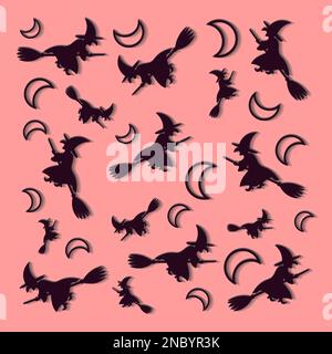 Motif Halloween avec lune et sorcières volantes sur fond rose Illustration de Vecteur