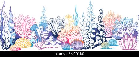 Motif récif de corail, eau de mer. Bordure tropicale, habitat des animaux de l'océan rouge, algues marines de couleur, arrière-plan exotique d'été sous-marin. Éléments d'aquarium, conception de produits. Illustration vectorielle sans couture Illustration de Vecteur