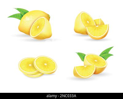 Citron réaliste. Entier avec des feuilles, demi et tranches, fruits avec des compositions de pelage, saveur aigre naturelle. Jus tropical ou limonade. Nature été nourriture saine aux agrumes, 3D éléments isolés. Ensemble de vecteurs Illustration de Vecteur