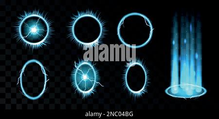 Portails néons, 3D aura d'énergie magique. Technologie de lumière circulaire, effet réaliste de l'univers orbe, lignes circulaires transparentes. Cadres ronds ou tunnel de trou, éléments isolés réalistes. Illustration vectorielle Illustration de Vecteur