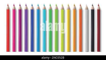Crayons de couleur, crayon multicolore en bois réaliste. 3d affiches pour enfants de bureau ou d'école, fournitures disposées en ligne par couleurs, outils créatifs heureux, graphique amusant. Vecteur coloré isolé sur des éléments blancs Illustration de Vecteur
