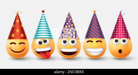 Fête d'anniversaire emoji, émoticône dans chapeau de cône. Joyeux jaune frais Célébrez les personnages riant, sourire ou bonne humeur heureuse, les personnes avec les yeux et la bouche. Graphiques vectoriels icônes de félicitations isolées Illustration de Vecteur