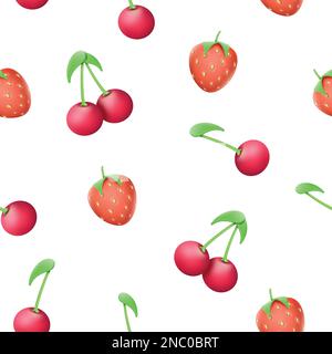 Fraise réaliste, motif cerise. 3D fruits et nourriture d'été, alimentation rouge saine, dessert biologique naturel.décor textile, papier d'emballage, papier peint. Imprimé pour le tissu. Conception sans couture vectorielle Illustration de Vecteur