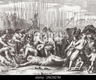 Le meurtre des frères de Witt, Johan et Cornelis, 20 août 1623. Les frères ont été lynchés par des partisans de Guillaume d'Orange sur 20 août 1672. D'une gravure de Romeyn de Hooghe. Banque D'Images