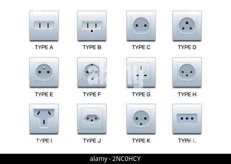 Types de prises femelles. Fiches électriques britanniques. Interrupteur en plastique et fil sur le mur pour les pays américains et britanniques. Électricité. Alimentation en énergie. Jeu de connecteurs électriques blancs isolés. Illustration de Vector 3D Illustration de Vecteur