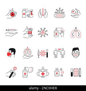 Virus Corona. Icônes de la médecine et des soins de santé. Symboles de sécurité du coronavirus. Symptômes de la grippe. Conseils en cas de pandémie. Masque médical. Désinfectant pour les mains. Pilules de fièvre. Injection de vaccins. Jeu de pictogrammes de lignes vectorielles Illustration de Vecteur