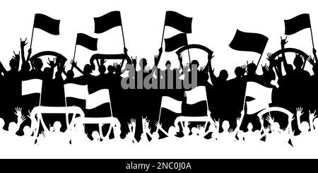 Célébration des fans du stade. Foule d'amis. Hommes et femmes avec drapeaux. Discothèque. Silhouettes de groupe de gens heureux. Spectateurs de football ou de baseball. Illustration vectorielle noir et blanc du public Illustration de Vecteur