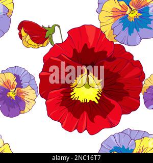 Fleurs de pansy rouge vif et orange . Motif vectoriel transparent. Illustration vectorielle de dessin à la main. Illustration de Vecteur