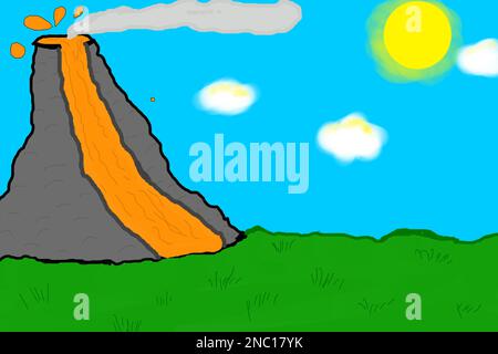 Volcan avec lave contre le ciel. Dessin des enfants Banque D'Images