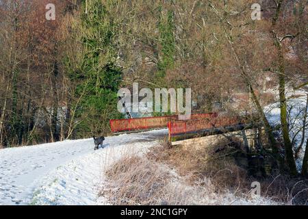 Europe, Luxembourg, Septfontaines, pont routier traversant la rivière Eisch dans la vallée de l'Äischdall, le matin d'hiver froid et brumeux Banque D'Images