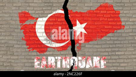 Tremblements de terre en turquie, carte avec drapeau de couleur turquie sur le mur avec des fissures Banque D'Images