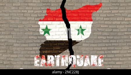 Tremblements de terre en Syrie, carte avec drapeau de couleur Syrie sur le mur avec des fissures Banque D'Images