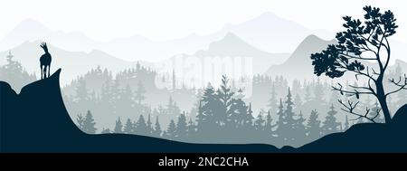 Bannière horizontale. Un chamois se dresse au sommet d'une colline avec des montagnes et une forêt en arrière-plan. Silhouette noire avec fond gris. Illustration. Banque D'Images