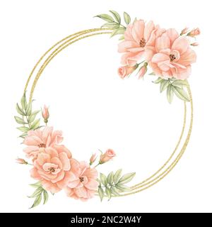 Fureur d'aquarelle florale aux fleurs roses roses et cadre circulaire doré. Modèle dessiné à la main pour les cartes de vœux ou les invitations de mariage sur un arrière-plan isolé. Bordure botanique ronde d'époque. Banque D'Images