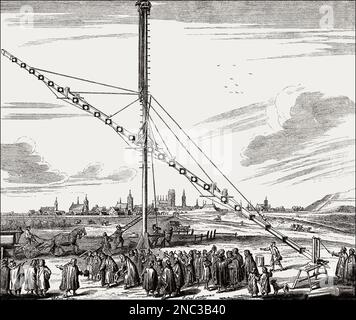 Télescope de réfraction astronomique Keplérien, Machinae coelestis, 1673, par Johannes Hevelius, Danzig Banque D'Images