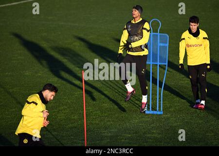 Dortmund, Allemagne. 14th févr. 2023. Football: Ligue des champions, avant le tour de 16 première jambe Borussia Dortmund - Chelsea FC. Jude Bellingham en action lors de l'entraînement final avant la Ligue des champions contre le FC Chelsea. Credit: Federico Gambarini/dpa/Alay Live News Banque D'Images