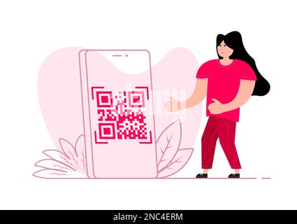 Une femme se trouve près du smartphone, sur l'écran du code QR avec l'icône de numérisation Illustration de Vecteur