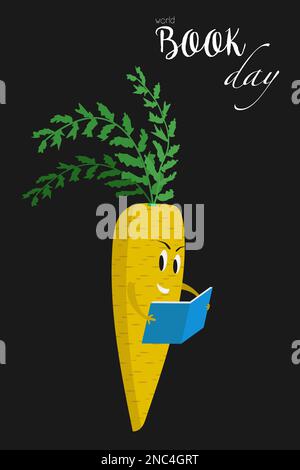 La plante de carotte lit un livre, illustration pour enfants sur le thème de la Journée internationale du livre Illustration de Vecteur