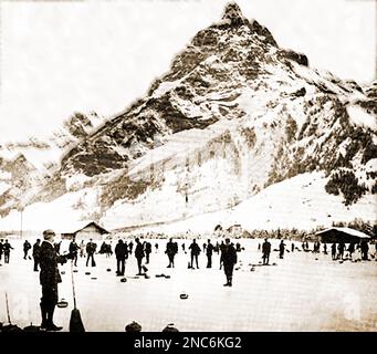 Une première image imprimée des liens de curling à Kanderstag. (Kandersteg) dans le canton de Berne en Suisse qui a été et est toujours connu pour ses activités hivernales, y compris le patinage, l'escalade sur glace et la pêche sur glace.------ Ein frühes gedrucktes Bild der Curling-Links am Kanderstag. (Kandersteg) im Kanton Bern in der Schweiz, die für ihre Winteraktivitäten wie Schlittschuhlaufen, Eiskletn und Eisfischen bekannt war und ist. --- une première image enregistrée des liens de curling à Kanderstag. (Kandersteg) dans le canton de Berne en Suisse qui est et est, encore connu pour ses activités Banque D'Images