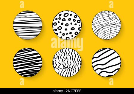 Ensemble de motifs abstraits de cercle de caniche dessinés à la main. Lignes noires abstraites arrondies sur fond jaune. Illustration de Vecteur