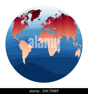 Vecteur de carte du monde. Projection de la perspective deux-monde de Gilbert. Monde en dégradé orange rouge sur les vagues bleu profond de l'océan. Illustration vectorielle froide. Illustration de Vecteur