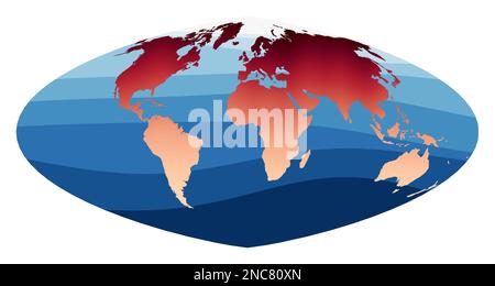Vecteur de carte du monde. Projection eumorphique de Boggs. Monde en dégradé orange rouge sur les vagues bleu profond de l'océan. Illustration vectorielle élégante. Illustration de Vecteur