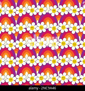 Motif sans couture avec dessins animés à fleurs Smile Daisy et illustration vectorielle d'arrière-plan des arcs-en-ciel. Illustration de Vecteur