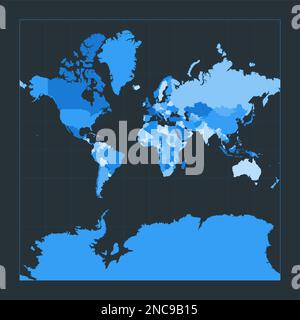 Carte du monde. Projection Mercator sphérique. Illustration futuriste pour votre infographie. Belle palette de couleurs bleues. Illustration vectorielle incroyable. Illustration de Vecteur