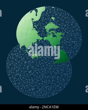 Carte réseau du monde. Projection stéréographique Lee modifiée. Carte verte du monde poly avec arrière-plan réseau. Globe connecté radieux pour infogra Illustration de Vecteur