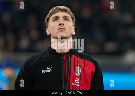 Milan, Italie. 14 février 2023, Alexis Saelemaekers (AC Milan) lors de la Ligue des champions de l'UEFA, Round de 16, match de football de 1st jambes entre AC Milan et Tottenham Hotspur sur 14 février 2023 au stade San Siro de Milan, Italie. Photo Luca Rossini Banque D'Images