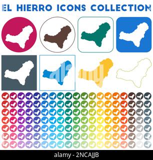 Collection d'icônes El Hierro. Icônes de carte tendance colorées et lumineuses. Badge El Hierro moderne avec carte de l'île. Illustration vectorielle. Illustration de Vecteur