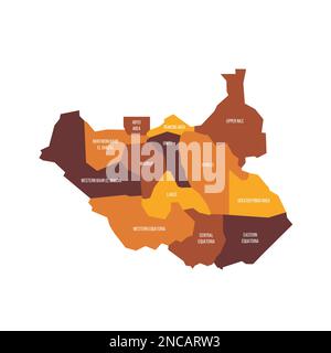 Soudan du Sud carte politique des divisions administratives - Etats, zones administratives et zones ayant un statut administratif spécial. Carte vectorielle plate avec noms. Marron - coloris orange. Illustration de Vecteur