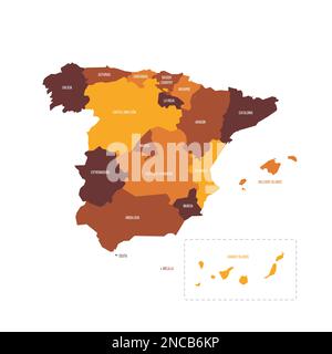 Espagne carte politique des divisions administratives - communautés autonomes et villes autonomes de Ceuta et Melilla. Carte vectorielle plate avec noms. Marron - coloris orange. Illustration de Vecteur