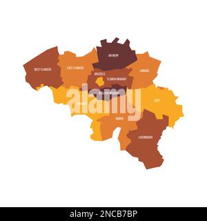 Belgique carte politique des divisions administratives - provinces. Carte vectorielle plate avec noms. Marron - coloris orange. Illustration de Vecteur