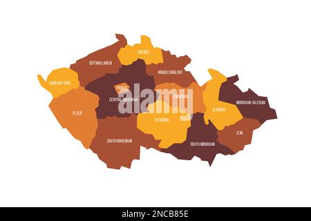 République tchèque carte politique des divisions administratives - régions. Carte vectorielle plate avec noms. Marron - coloris orange. Illustration de Vecteur