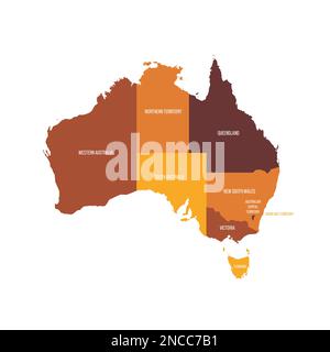 Australie carte politique des divisions administratives - États et teritories. Carte vectorielle plate avec noms. Marron - coloris orange. Illustration de Vecteur