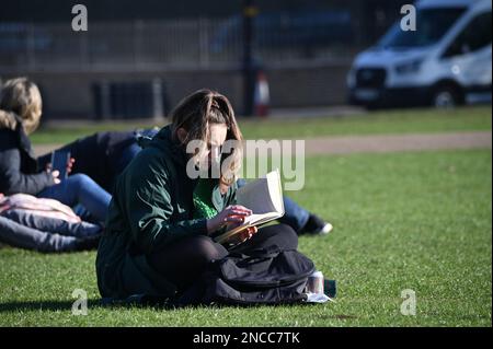 2023-02-14 Météo au Royaume-Uni : lecteurs de livres à St James Park, Londres, Royaume-Uni Banque D'Images