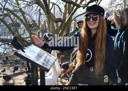 2023-02-14 Météo au Royaume-Uni: Personnes nourrissant le pigeon lors d'une chaude journée d'hiver à St James Park, Londres, Royaume-Uni. Banque D'Images