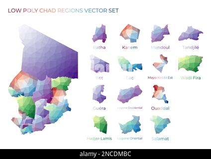 Régions tchadiennes à faible teneur en poly. Carte polygonale du Tchad avec les régions. Cartes géométriques pour votre conception. Illustration vectorielle artistique. Illustration de Vecteur